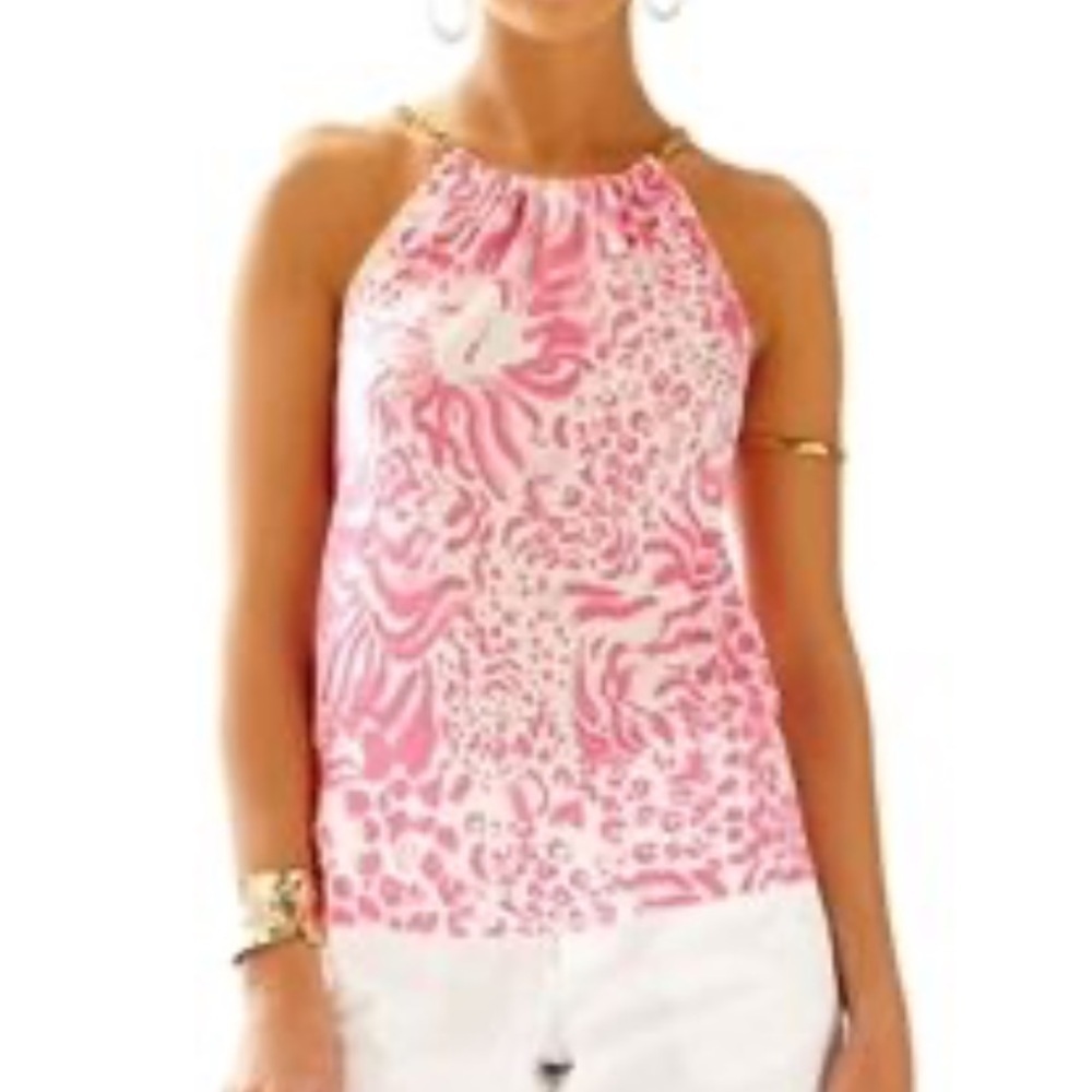 Lilly Pulitzer Riviera Pink and White Sleeveless tank with Chain neck detail
